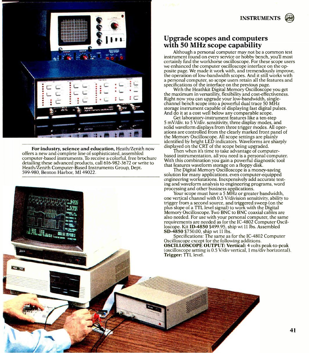 Figure 5 — "Upgrade scopes and computers with 50 MHz scope capability": the ID-4850 digital memory oscilloscope ($499.95 kit, $750.00 assembled as the SD-4850) connected between a bench scope and a Zenith per…