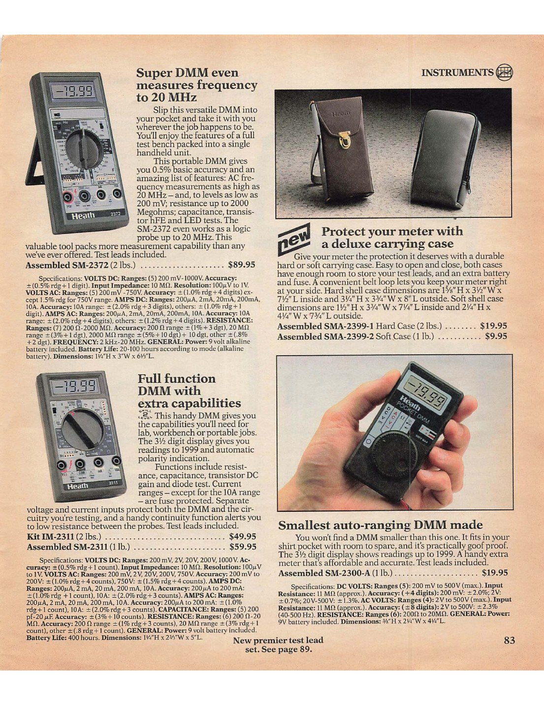 Figure 8 — Handheld meters in 1990: the SM-2372 "Super DMM" that also measures frequency to 20 MHz ($89.95 assembled), the IM-2311 full-function DMM ($49.95 as a kit, $59.95 assembled as the SM-2311), and the…