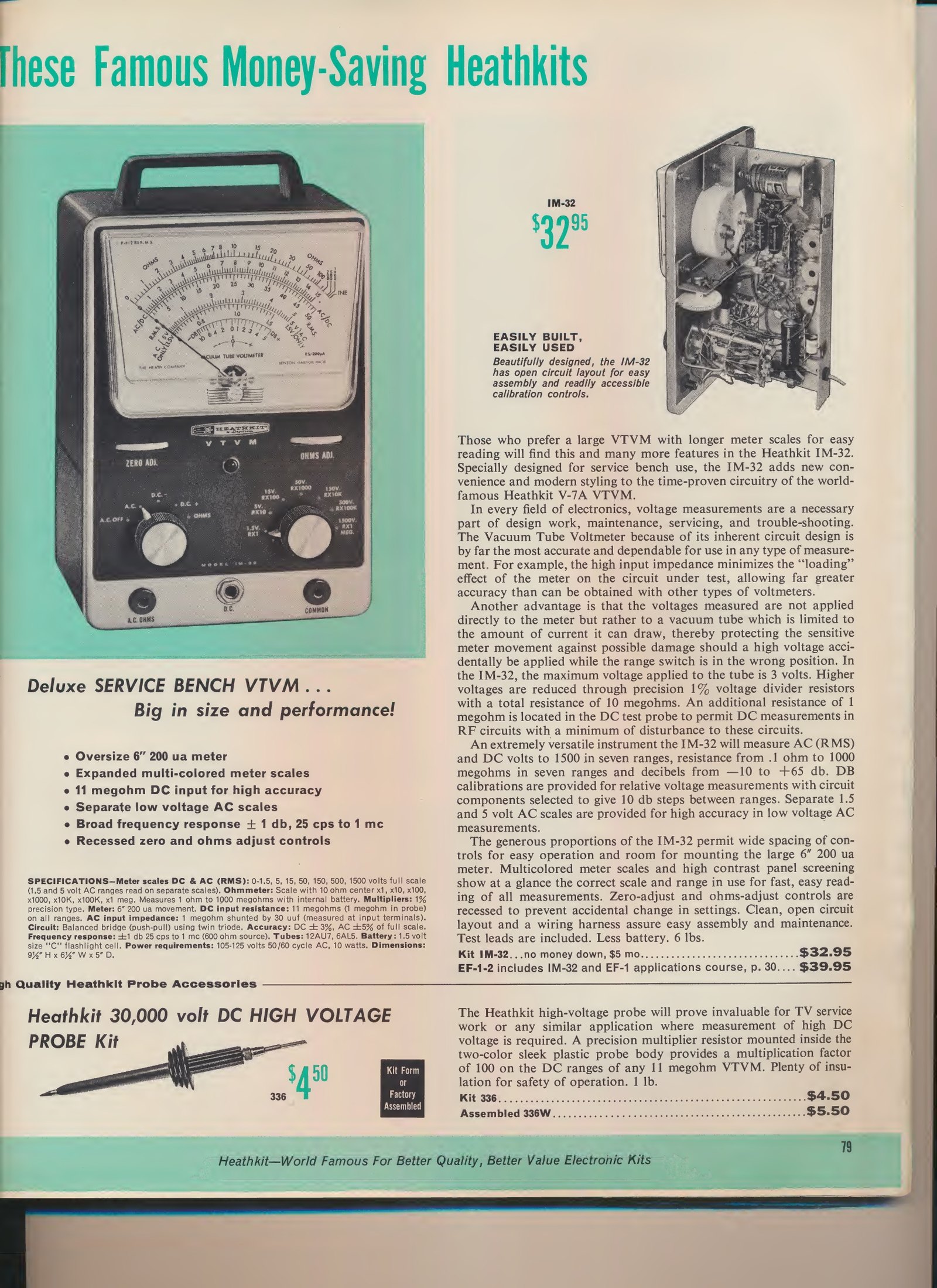 Figure 7 — The IM-32 "Deluxe Service Bench" VTVM in the same catalogue, at $32.95. It is the vertical bench model — a restyled IM-10 — with a 6-inch meter and separate 1.5 V and 5 V AC scales.