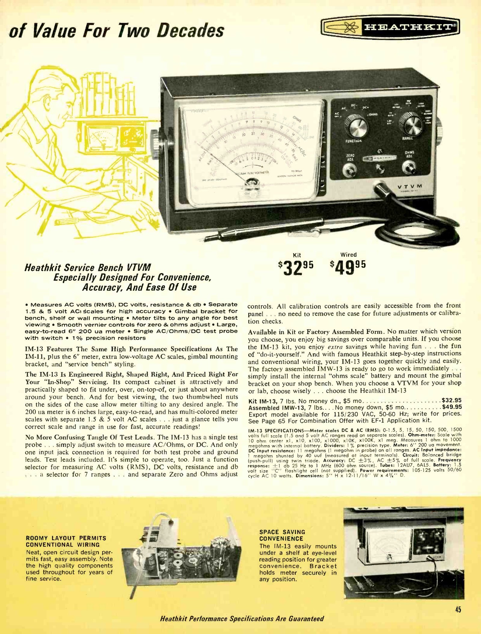 Figure 9 — The IM-13 service-bench VTVM on the facing page, $32.95 as a kit and $49.95 assembled, photographed on a bench with its gimbal bracket. The lower illustrations show it mounted under a shelf and the…