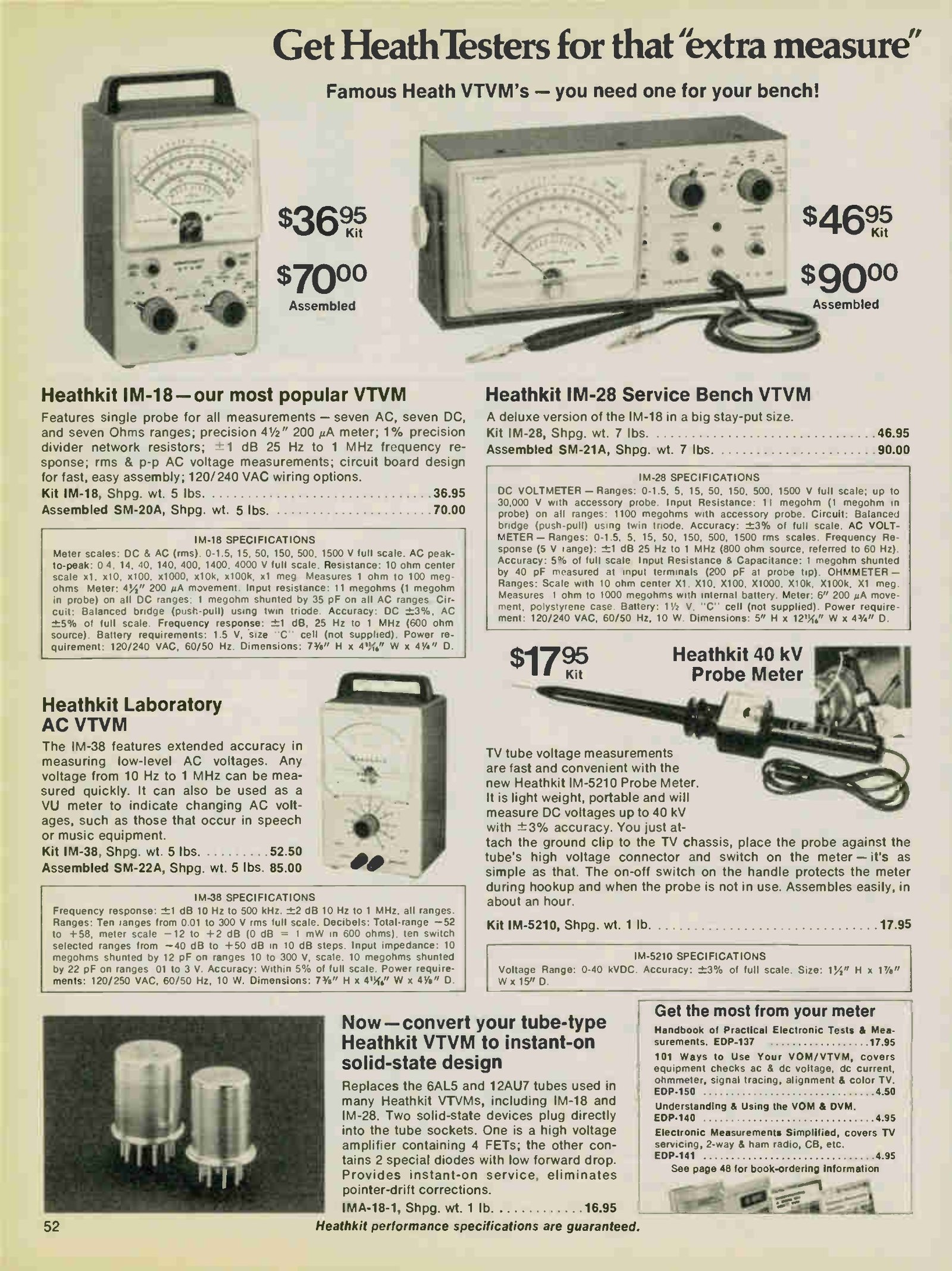 Figure 11 — Spring 1976: IM-18 at $36.95 kit or $70 assembled as the SM-20A, IM-28 at $46.95 or $90 as the SM-21A. The assembled models now carry Schlumberger's instrument-division numbers.