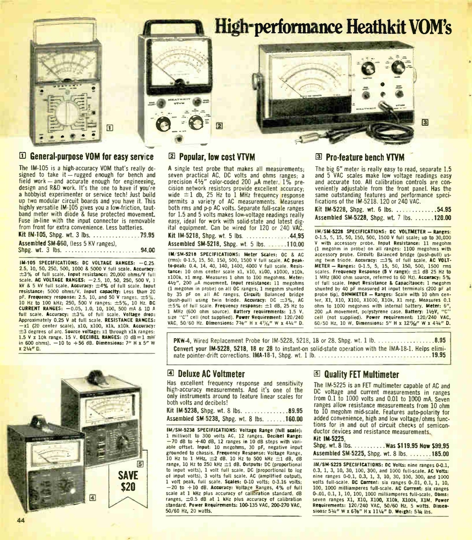 Figure 12 — The 1977 restyle: IM-5218 at $44.95 and IM-5228 at $54.95 in the Fall 1978 catalogue, alongside the PKW-4 wired replacement probe at $8.95 and the IMA-18-1 solid-state tube-replacement set at $19.95.