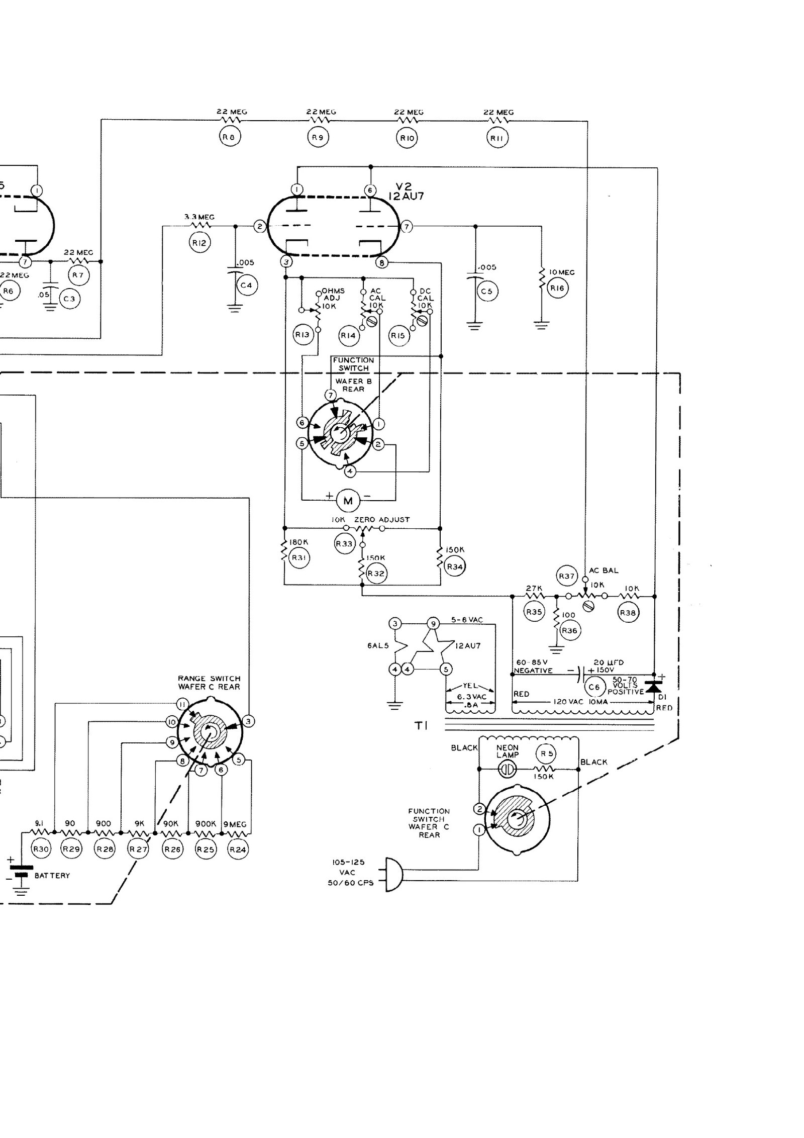 Figure 9 — The same circuit eight years later, in the IM-13 service-bench manual: the tubes, the divider chain and the doubler are unchanged, but the rectifier is now a silicon diode and the pilot lamp a neon.