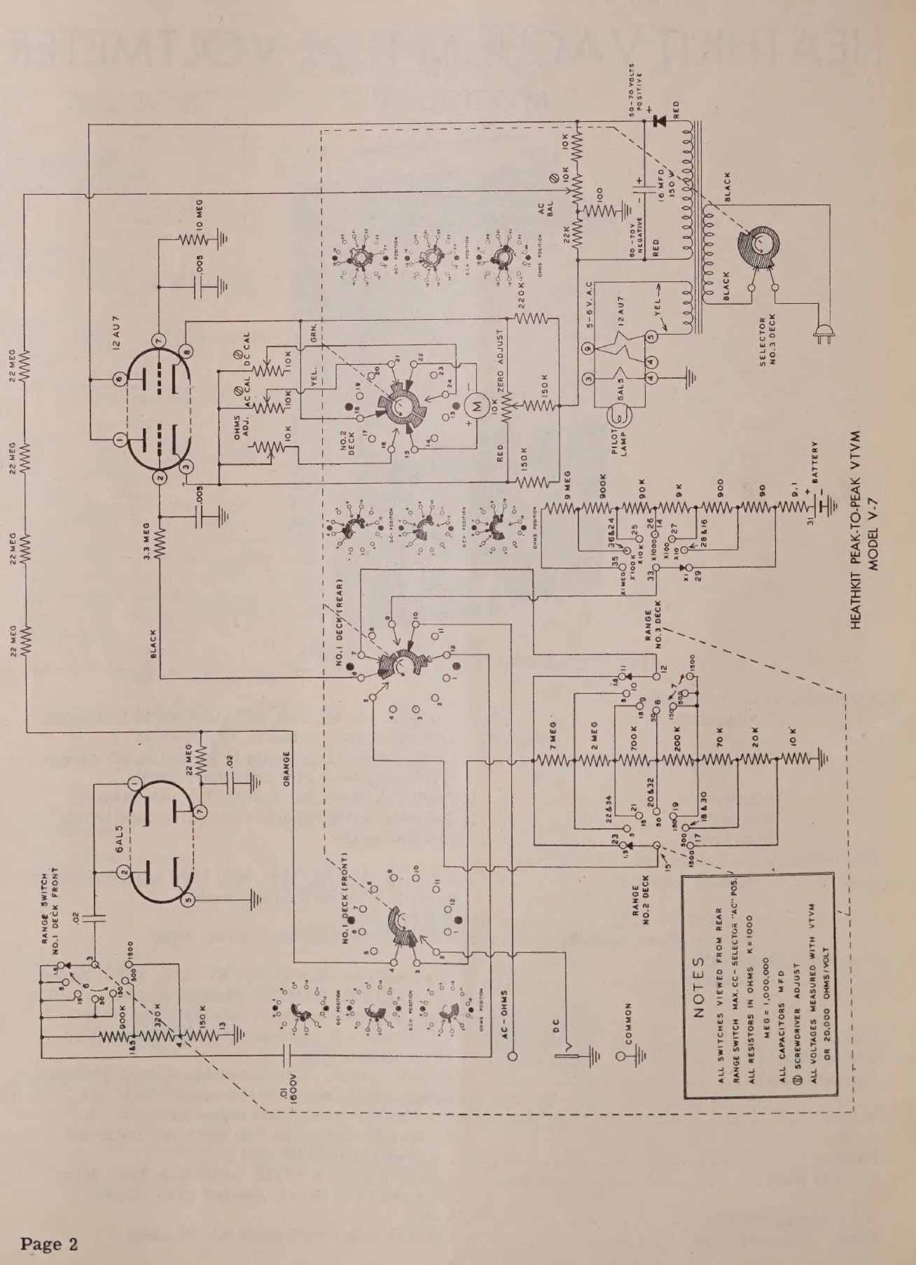 Figure 8 — The V-7 schematic, folded into the back of the 1955 manual. The 12AU7 bridge is at the upper left, the 6AL5 rectifier lower left, the range-switch divider chain across the bottom, and the power sup…