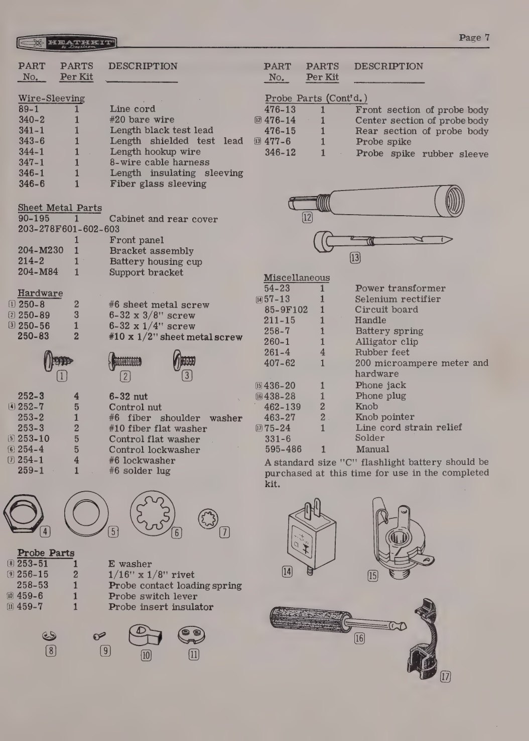 Figure 2 — Two pages of the IM-11 parts list. Heath's part numbers are grouped by class — 1- and 2- for resistors, 25- for electrolytics, 63- for switches, 407- for meters — a system that dates from the O-7 a…