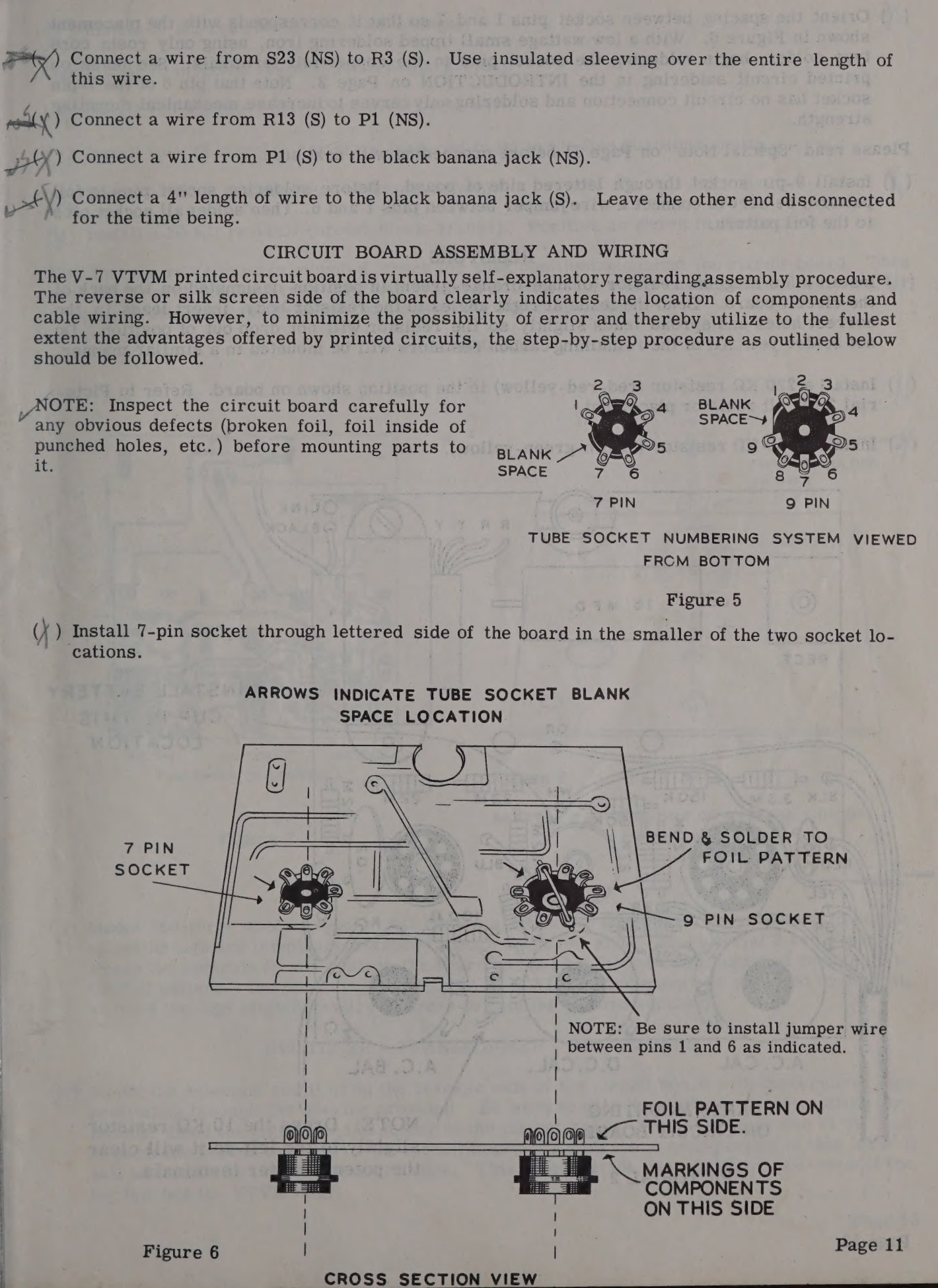 Figure 7 — Circuit-board assembly in the V-7A manual, showing the foil pattern and the method of installing a socket from the reverse side.