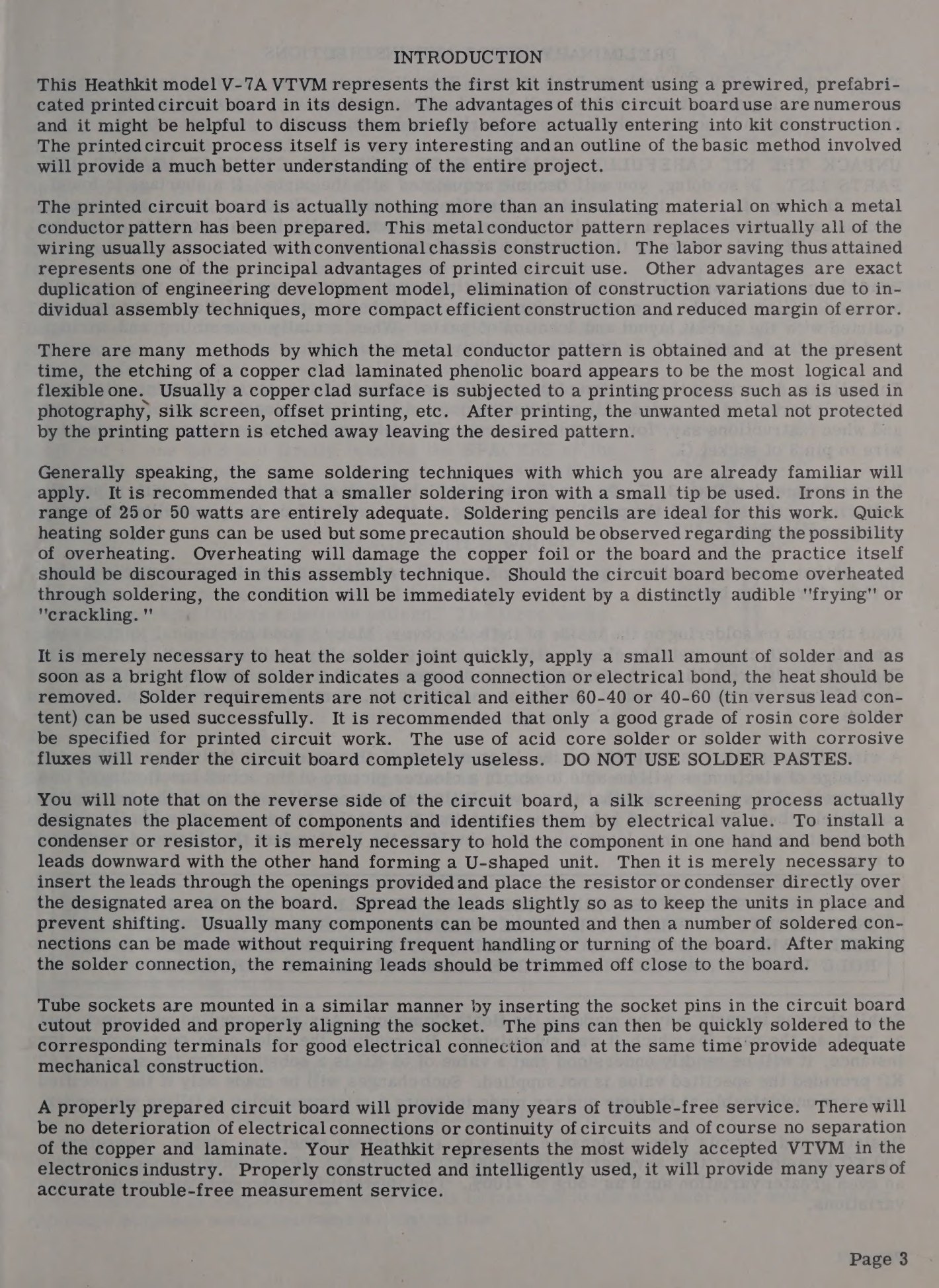 Figure 5 — The page that introduced a generation of builders to the printed circuit board. Note the warning that an overheated board announces itself with "a distinctly audible 'frying' or cracking" — Heath a…