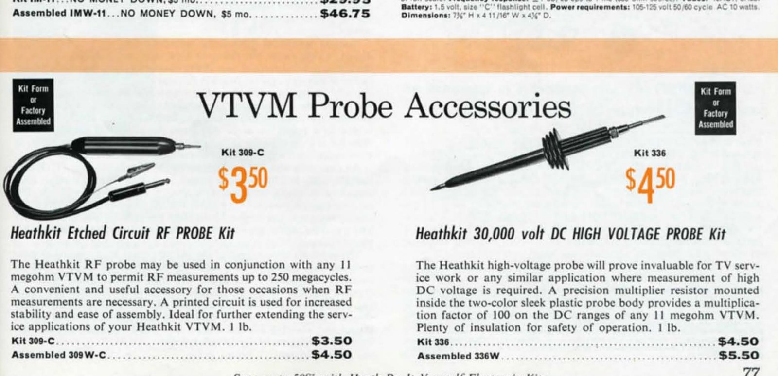 Figure 5 — The two probes most owners bought: the 309-C etched-circuit RF probe at $3.50 and the 336 30,000-volt DC high-voltage probe at $4.50, from the Fall–Winter 1961 catalogue. A kit VTVM plus both probe…