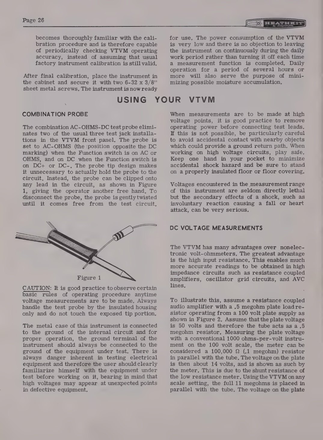 Figure 4 — "Using Your VTVM" in the IM-11 manual, with the combination probe clipped to a lead for hands-free work and half a page of safety practice — including the advice to keep one hand in a pocket when w…