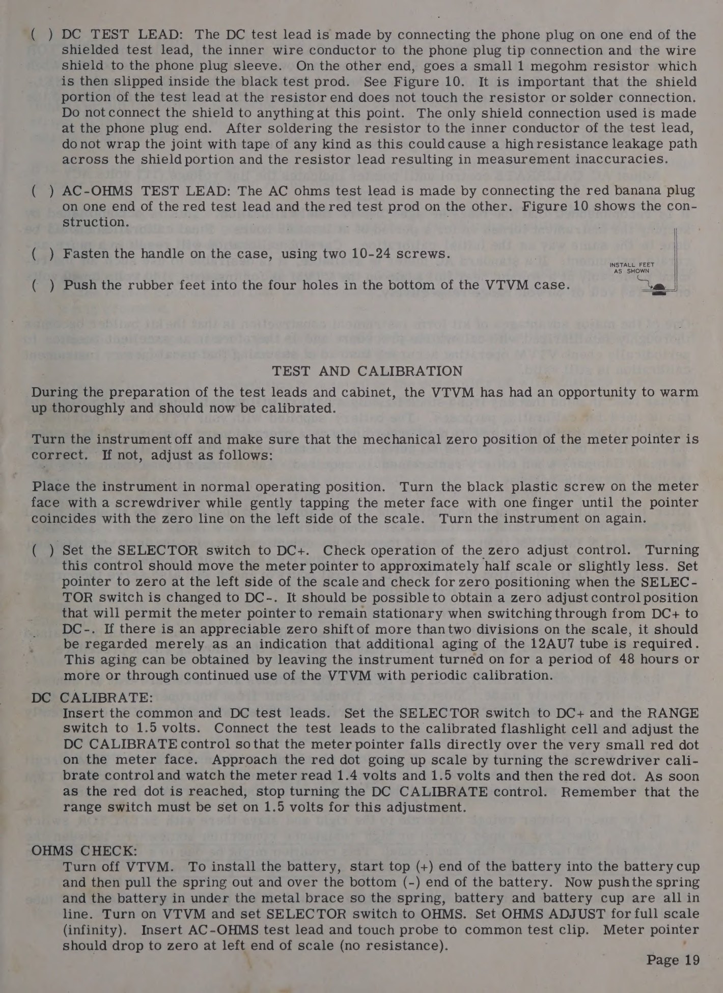 Figure 8 — The V-7A's test-and-calibration text, including the instruction to set the meter's mechanical zero with the instrument switched off before anything else is touched.
