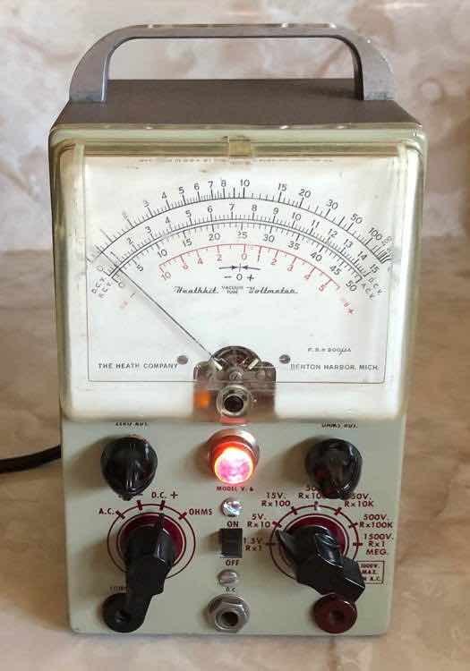 Figure 1 — A Heathkit V-6 of about 1952–54 after a full restoration, photographed during burn-in. The slight offset of the pointer is deliberate, to show the circuit is alive.