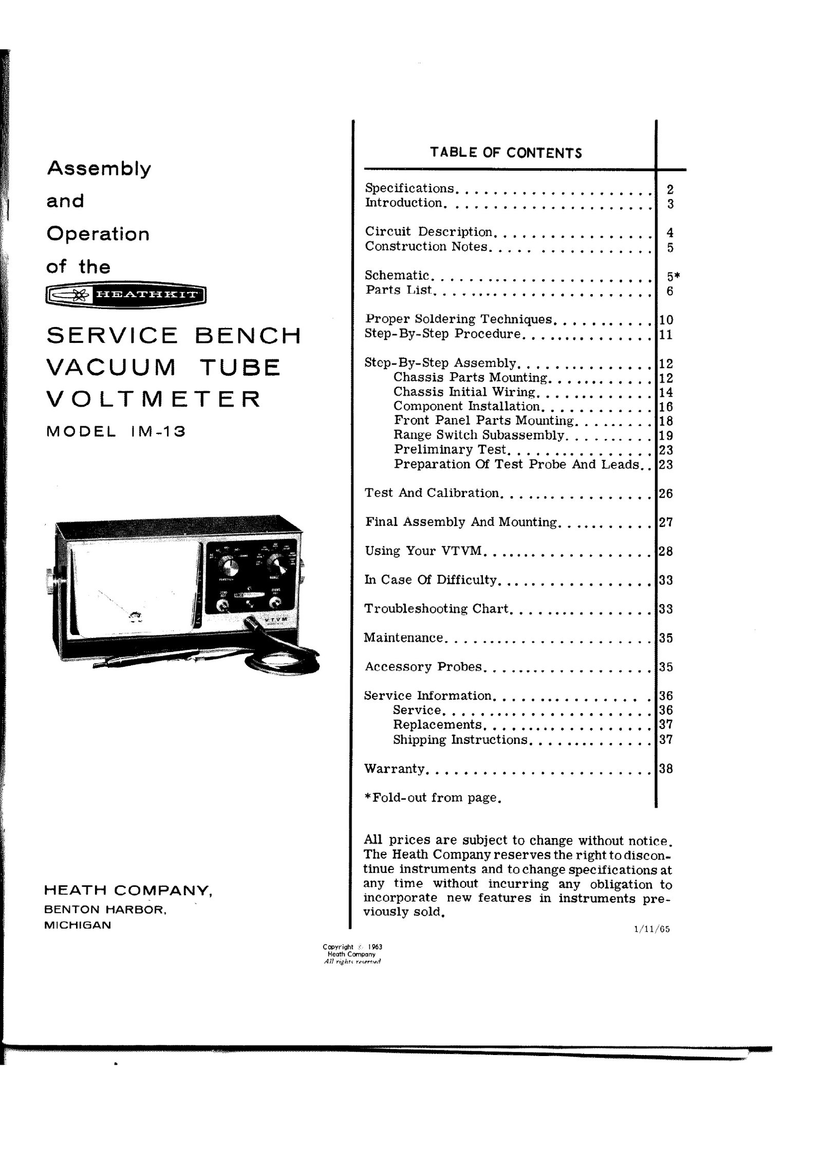 Figure 7 — The IM-13 manual, 595-629, with its table of contents on the facing page: specifications, circuit description, construction, calibration, use, troubleshooting, maintenance, accessory probes and war…